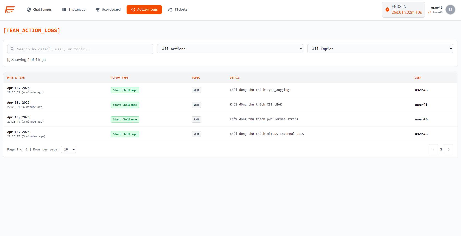 Team action logs page
